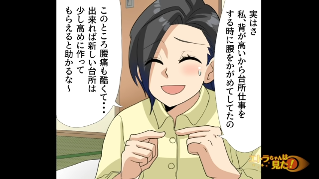 【＃3】“舅の遺産”でリフォームを提案してきた夫。姑用のキッチンで腰痛を我慢していた私は「高さを変えて」と頼むと…【モラ夫とイビリ姑】