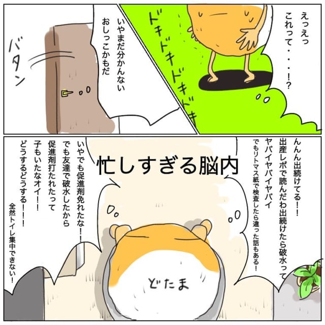 「んんん、出続けてる！！」もしかして破水！？生温かい水が止まらない私。急いで病院へ向かうことになるも…【ドタ！バタ！出産レポ＃4】