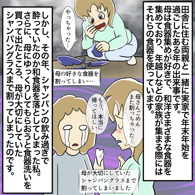 正月帰省で”泥酔”し、母の『お気に入りのお皿』をことごとく壊してしまい…→母「帰ってほしい」