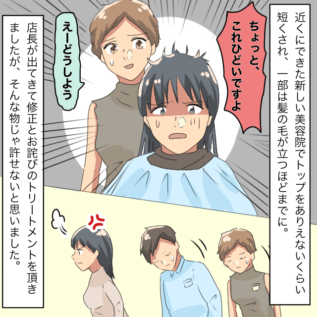 美容院で縮毛矯正を頼んだ私。髪の毛が立つ仕上がりに不満→店長が対応するも許せず＜美容院トラブルエピソード＞