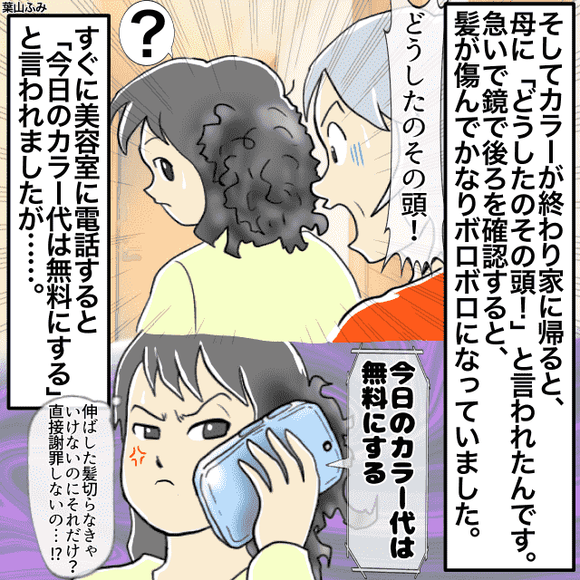 母「どうしたのその頭！」慌ただしい美容師にカラーをされた私。帰宅すると髪がボロボロ→代金は無料になるも美容師の謝罪なしだった