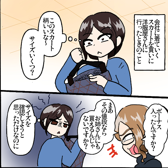 洋服屋さんでスカートのサイズを確認しようとタグを見ていたら→店員「まあ、その値段ならお姉さんにも買えるんじゃないですか？」＜店員とのトラブルエピソード＞